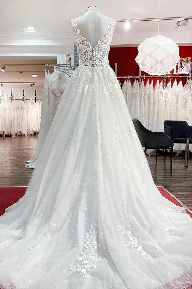 Long A-line V-neck Tulle Lace White Ruffles Wedding Dresses - Image 2