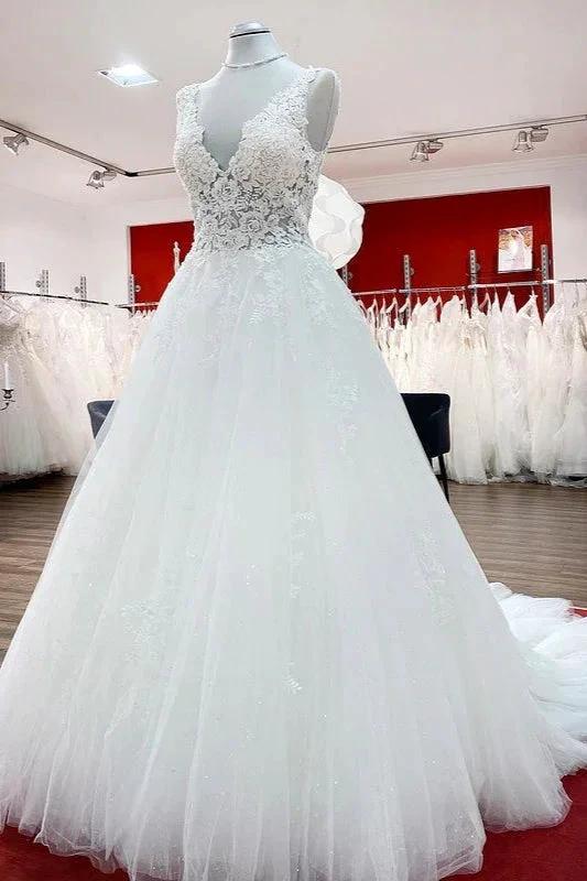 Long A-line V-neck Tulle Lace White Ruffles Wedding Dresses - Image 3