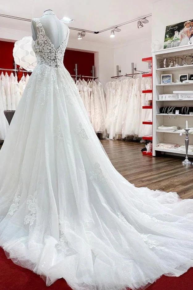 Long A-line V-neck Tulle Lace White Ruffles Wedding Dresses - Image 4