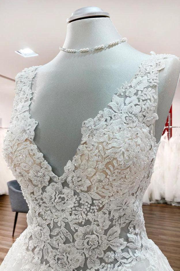 Long A-line V-neck Tulle Lace White Ruffles Wedding Dresses - Image 5