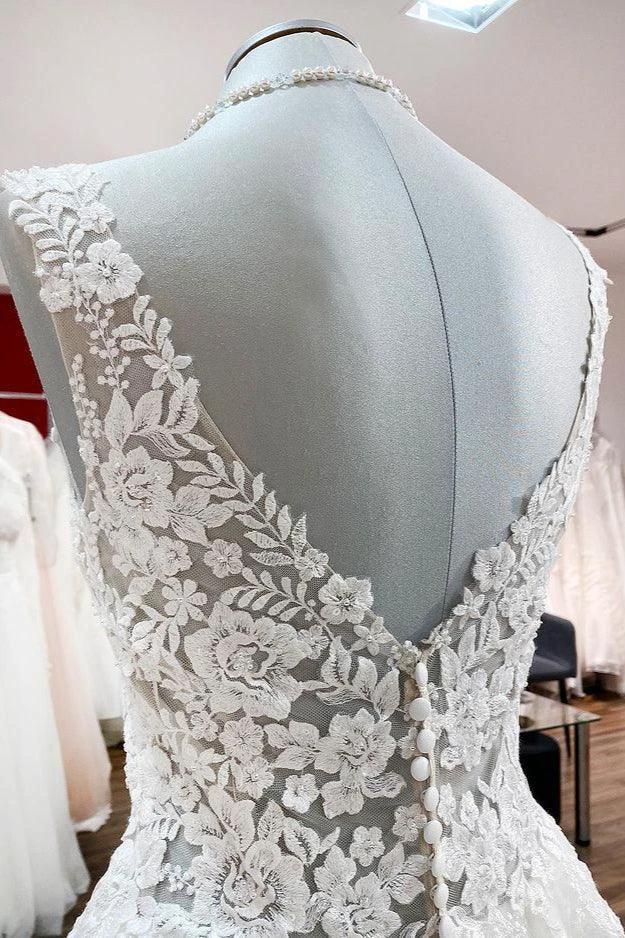 Long A-line V-neck Tulle Lace White Ruffles Wedding Dresses - Image 6
