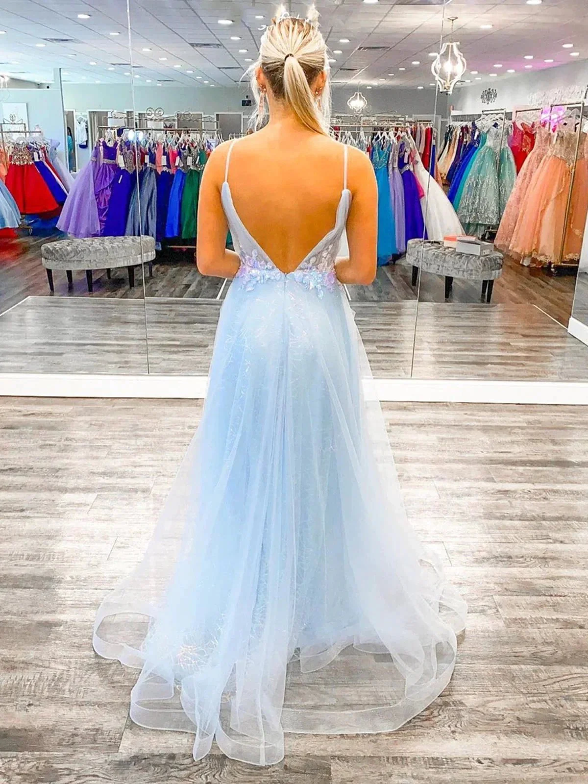 Long A Line V Neck Tulle Open Back Prom Dress with Lace Flowers Sky Blue Formal Graduation Evening Dresses - Image 2