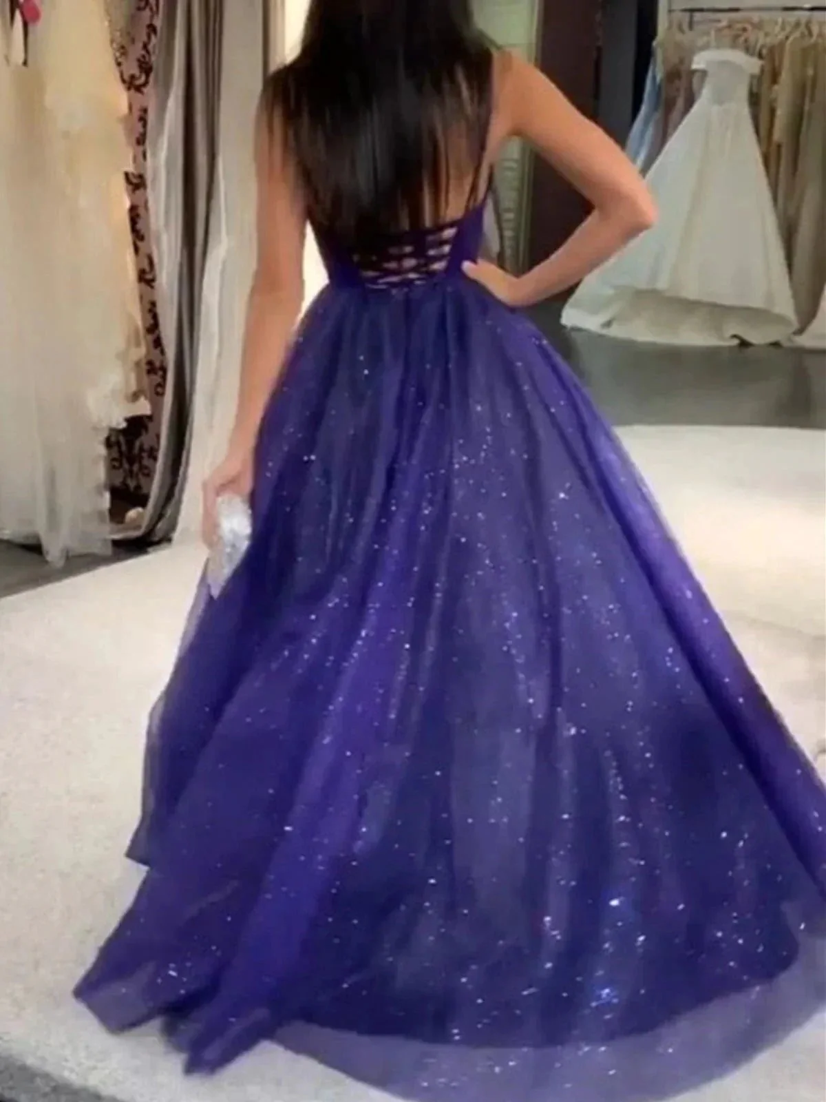 Long A Line V Neck Tulle Prom Dress Backless Formal Evening Gowns - Image 2