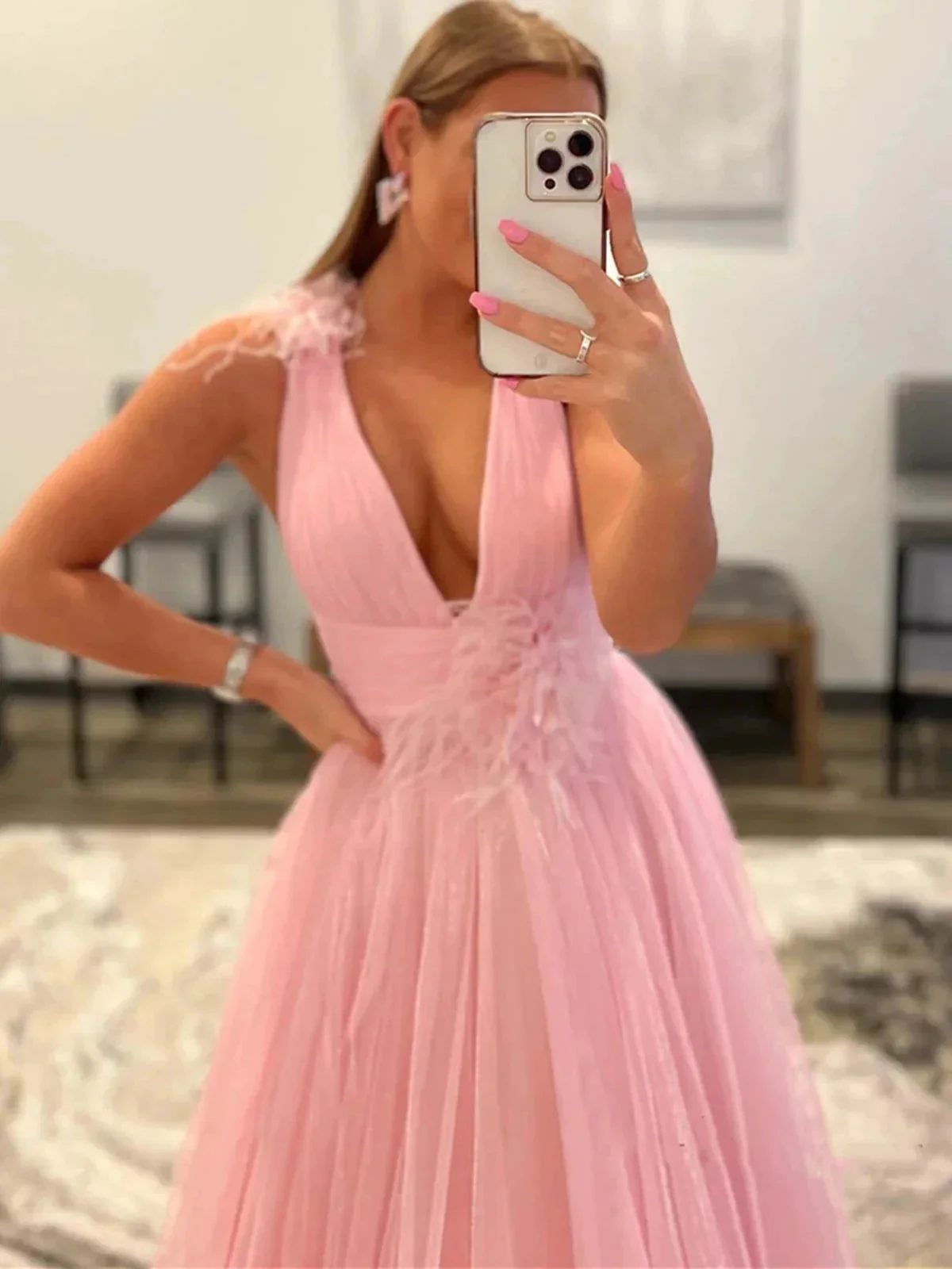 Long A-line V-neck Tulle Prom Dress with Pockets Pink Formal Graduation Evening Dresses - Image 2