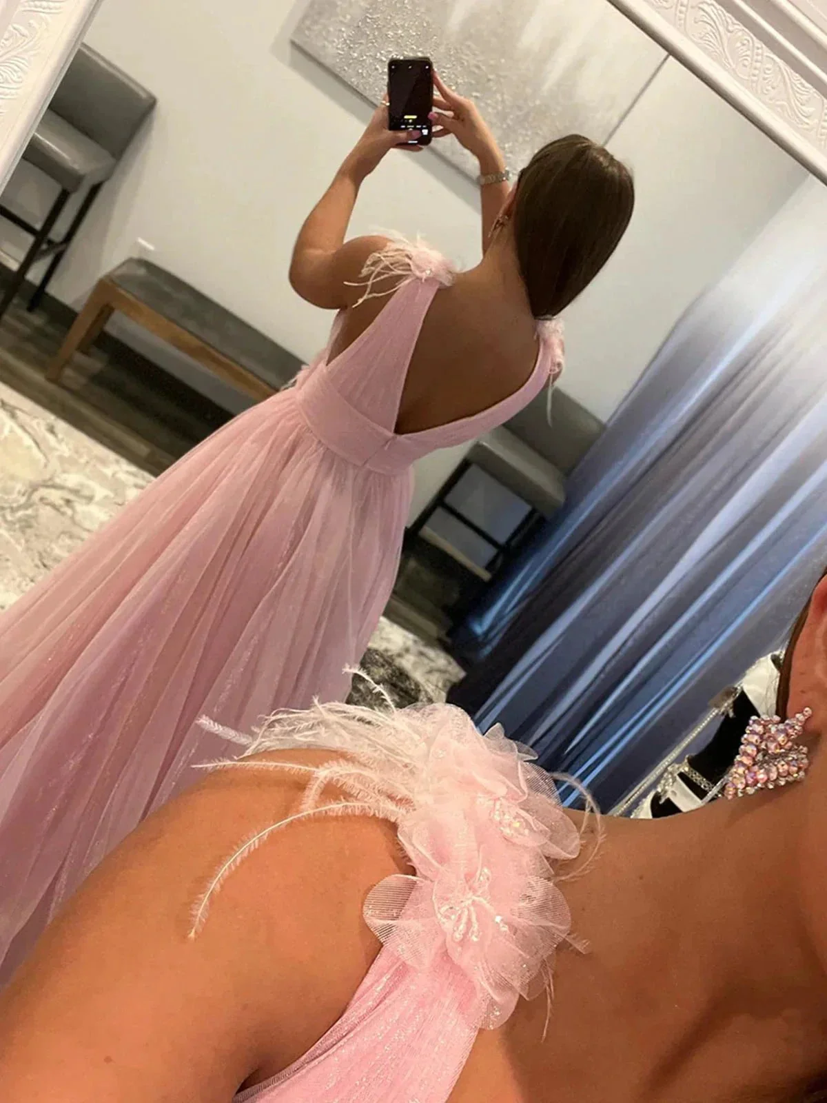 Long A-line V-neck Tulle Prom Dress with Pockets Pink Formal Graduation Evening Dresses - Image 3