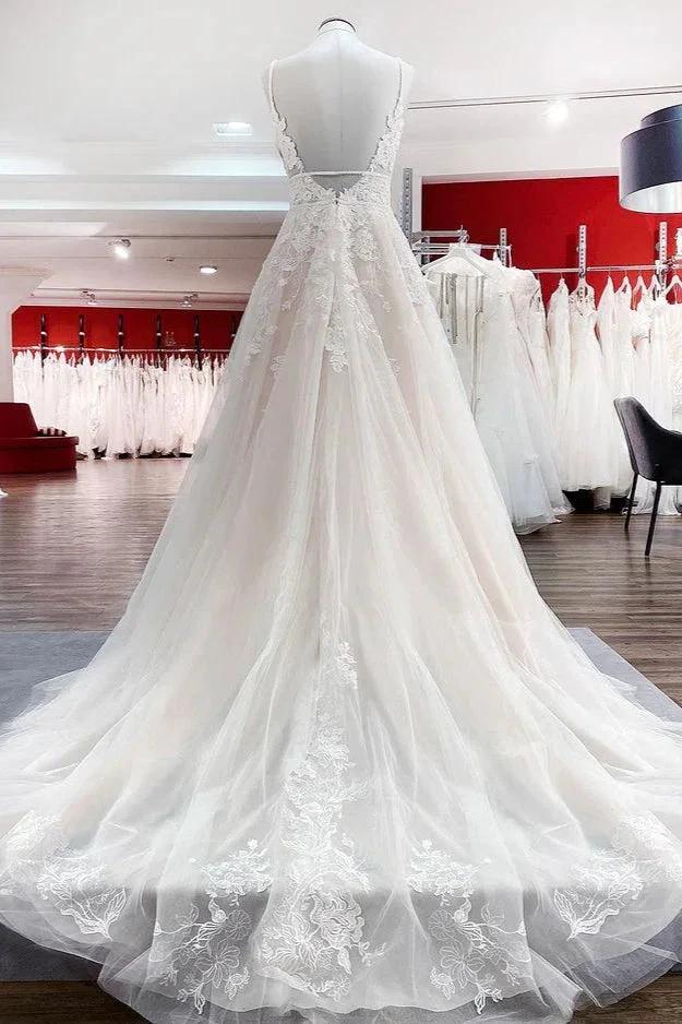 Long A-line V-neck Tulle Sleeveless Appliques Lace Backless Wedding Dress - Image 2