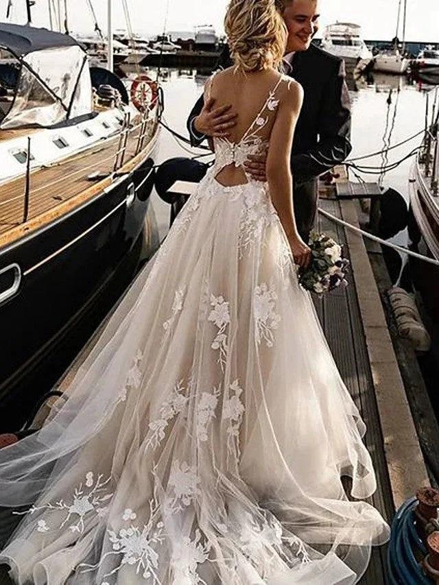Long A-Line V Neck Tulle Spaghetti Strap Backless Wedding Dresses - Image 2
