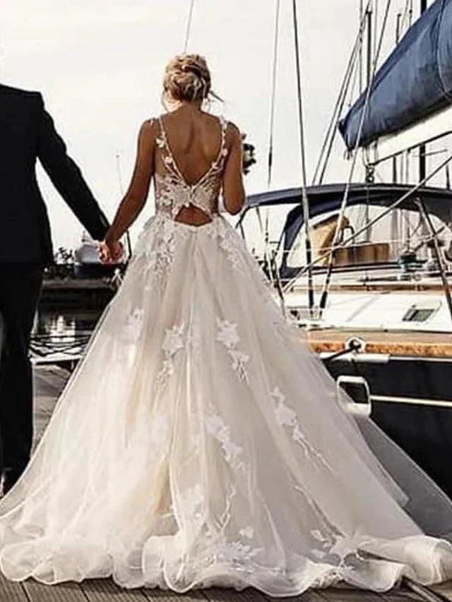 Long A-Line V Neck Tulle Spaghetti Strap Backless Wedding Dresses - Image 3