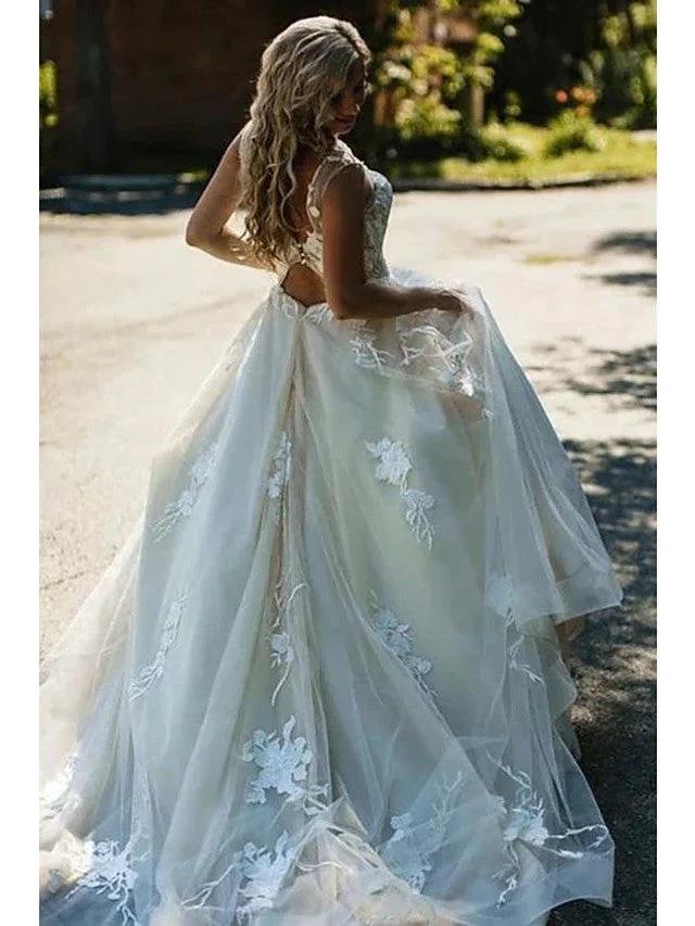 Long A-Line V Neck Tulle Spaghetti Strap Backless Wedding Dresses - Image 4
