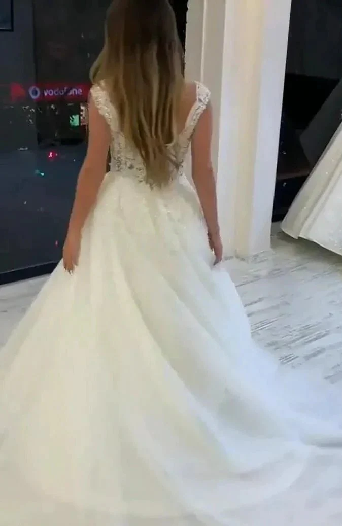 Long A-Line V-neck Wide Straps Appliques Lace Pearl Tulle Wedding Dress - Image 2