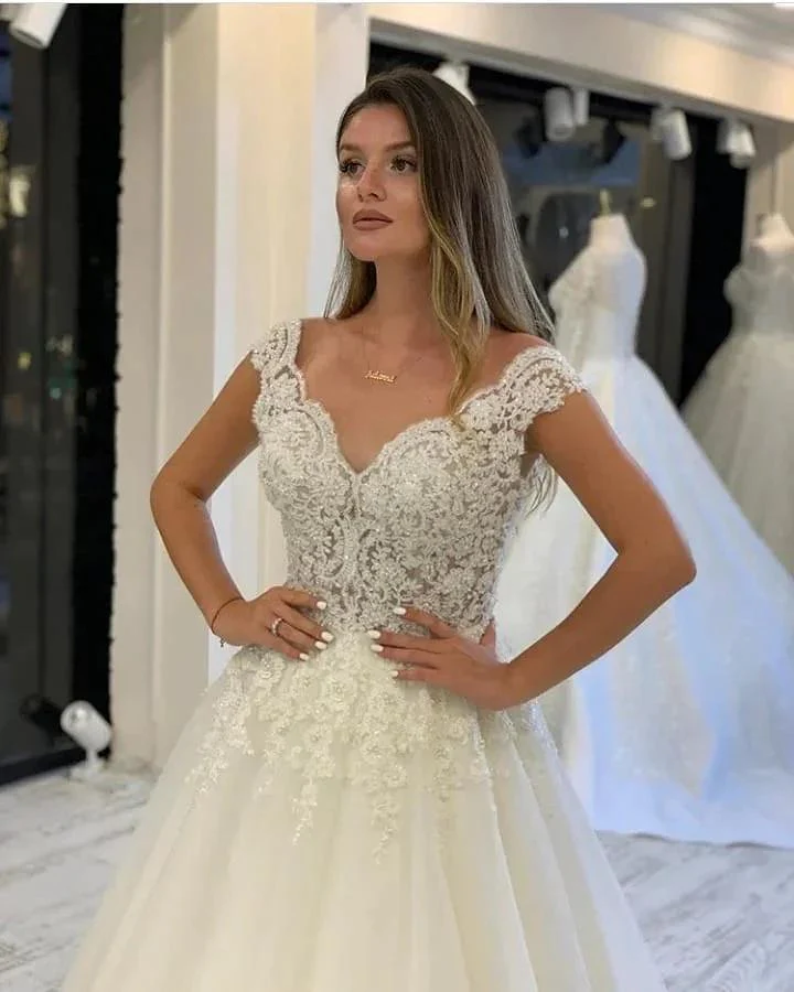 Long A-Line V-neck Wide Straps Appliques Lace Pearl Tulle Wedding Dress - Image 3