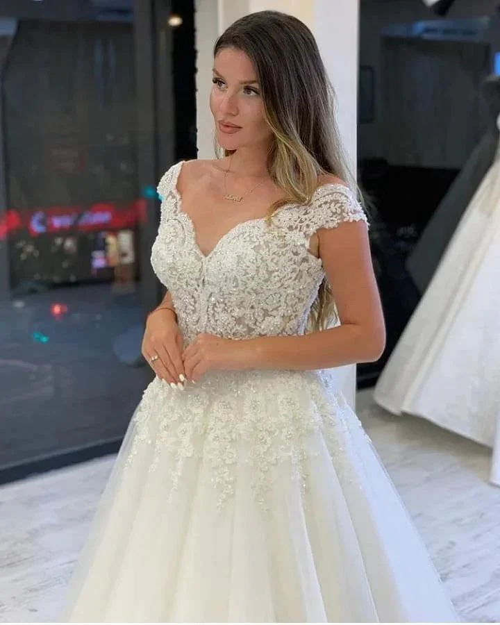 Long A-Line V-neck Wide Straps Appliques Lace Pearl Tulle Wedding Dress - Image 4