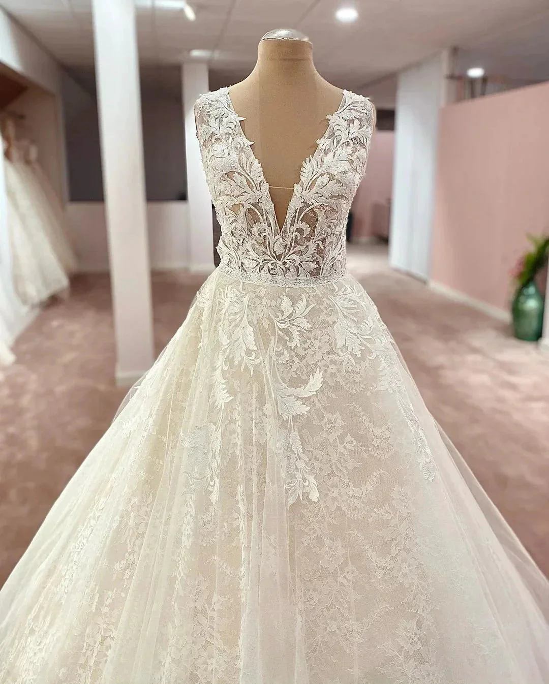 Long A-Line V-neck Wide Straps Appliques Lace Tulle Wedding Dress - Image 2