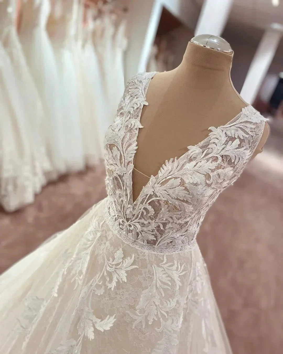 Long A-Line V-neck Wide Straps Appliques Lace Tulle Wedding Dress - Image 3