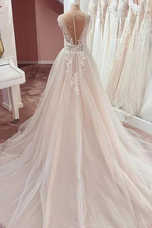 Long A-Line V-neck Wide Straps Appliques Lace Tulle Wedding Dress - Image 2