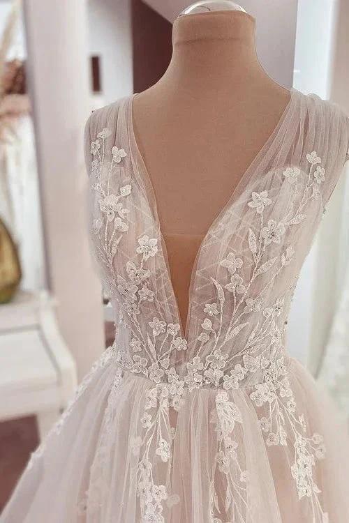 Long A-Line V-neck Wide Straps Appliques Lace Tulle Wedding Dress - Image 3