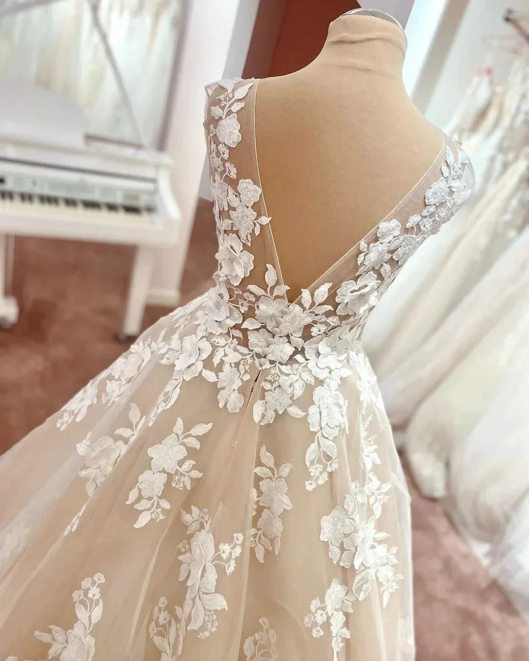 Long A-Line V-neck Wide Straps Backless Appliques Lace Tulle Wedding Dress - Image 2