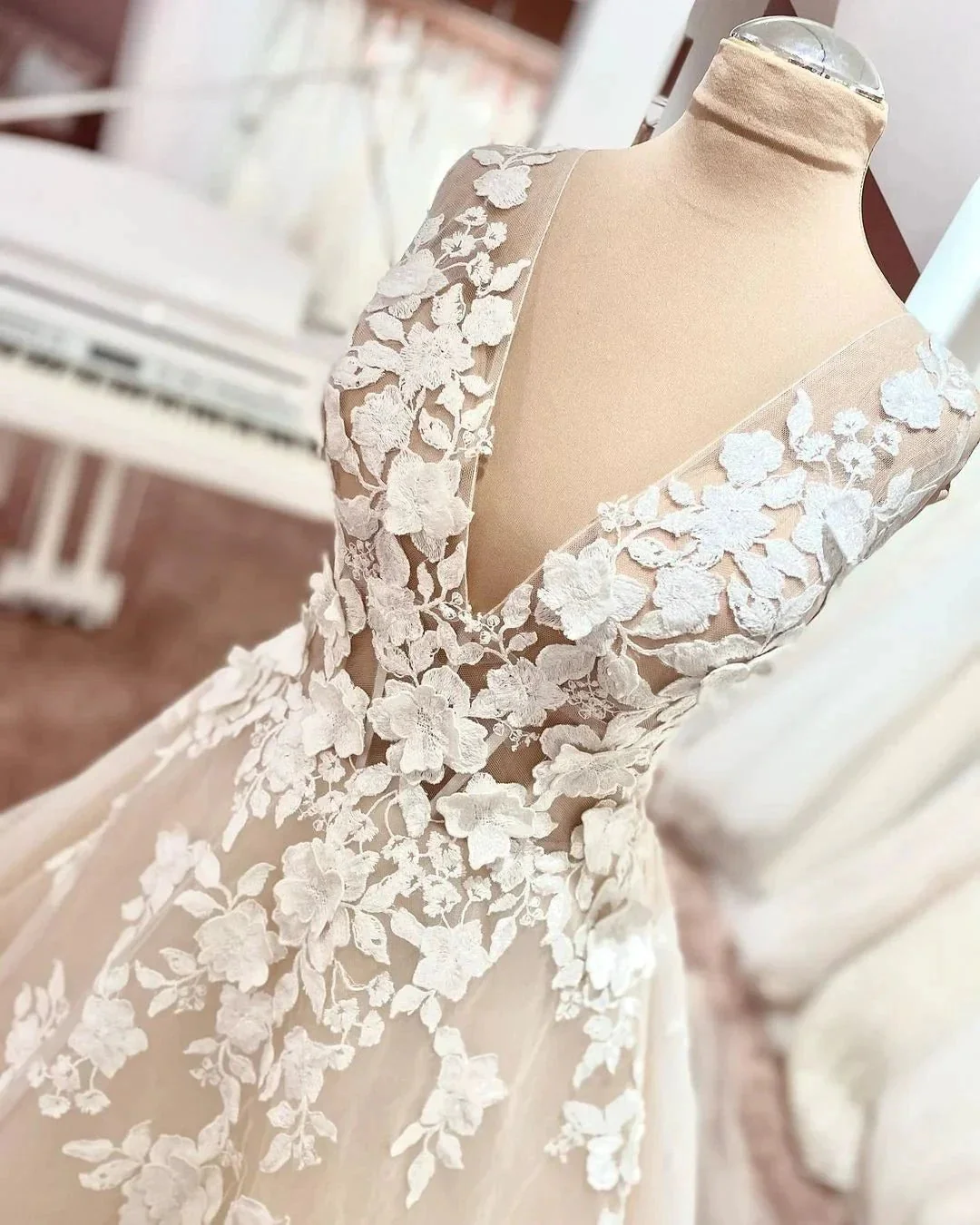 Long A-Line V-neck Wide Straps Backless Appliques Lace Tulle Wedding Dress - Image 3