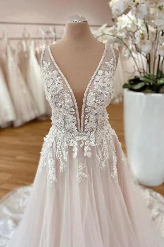 Long A-Line Wide Straps Tulle  Floral Lace Wedding Dress - Image 2