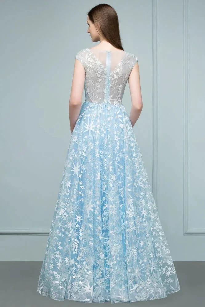 Long Appliqued Tulle A-line Cap Sleeves Prom Dresses - Image 2