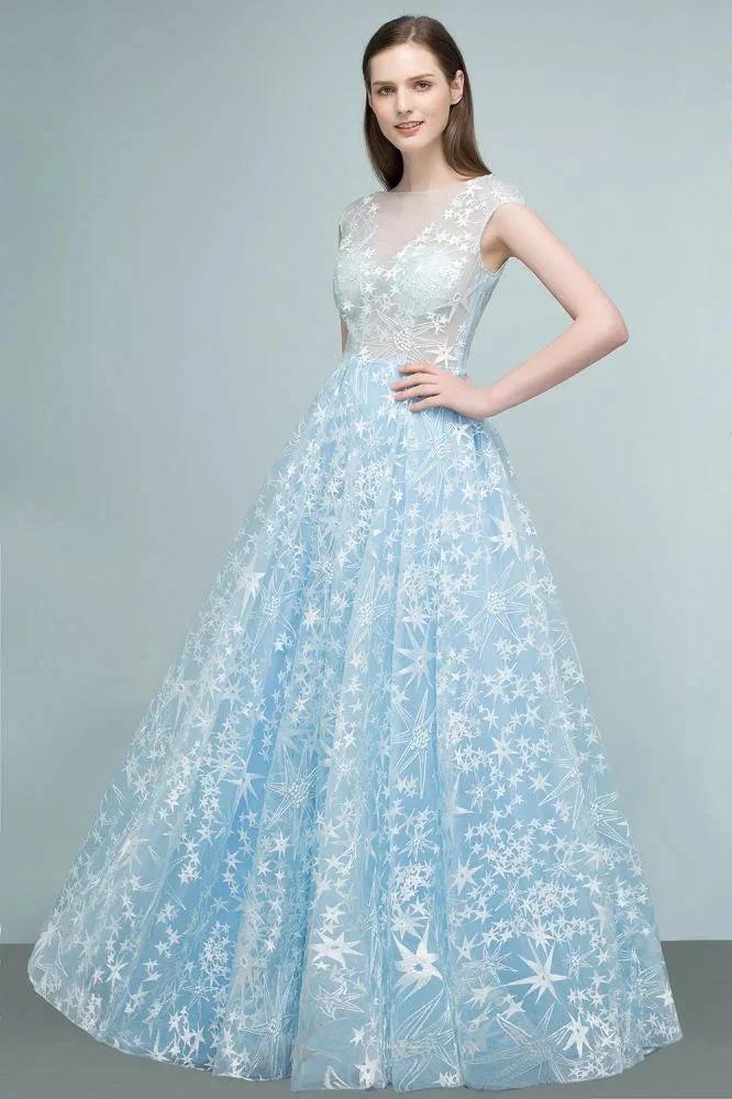 Long Appliqued Tulle A-line Cap Sleeves Prom Dresses - Image 3