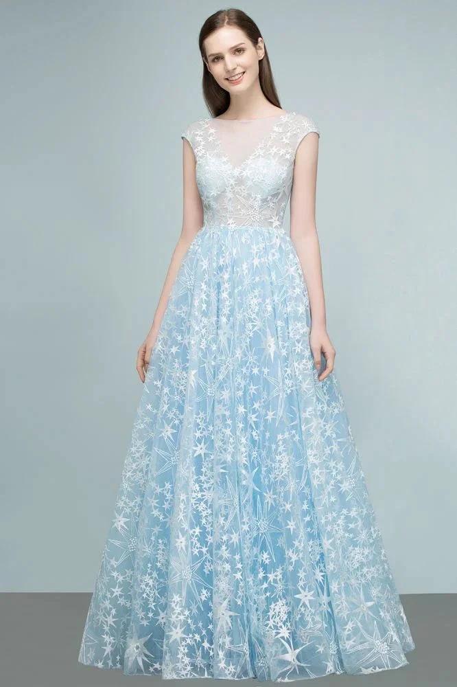 Long Appliqued Tulle A-line Cap Sleeves Prom Dresses - Image 4