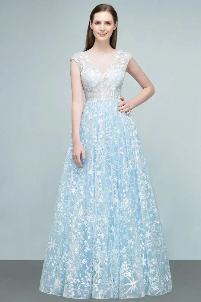 Long Appliqued Tulle A-line Cap Sleeves Prom Dresses - Image 5