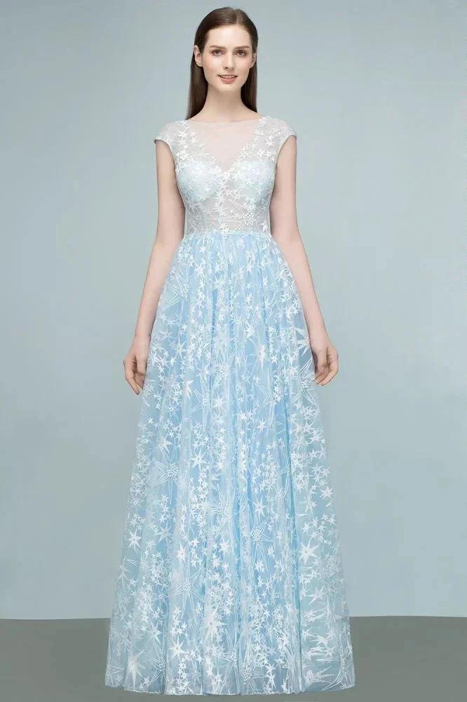 Long Appliqued Tulle A-line Cap Sleeves Prom Dresses - Image 6