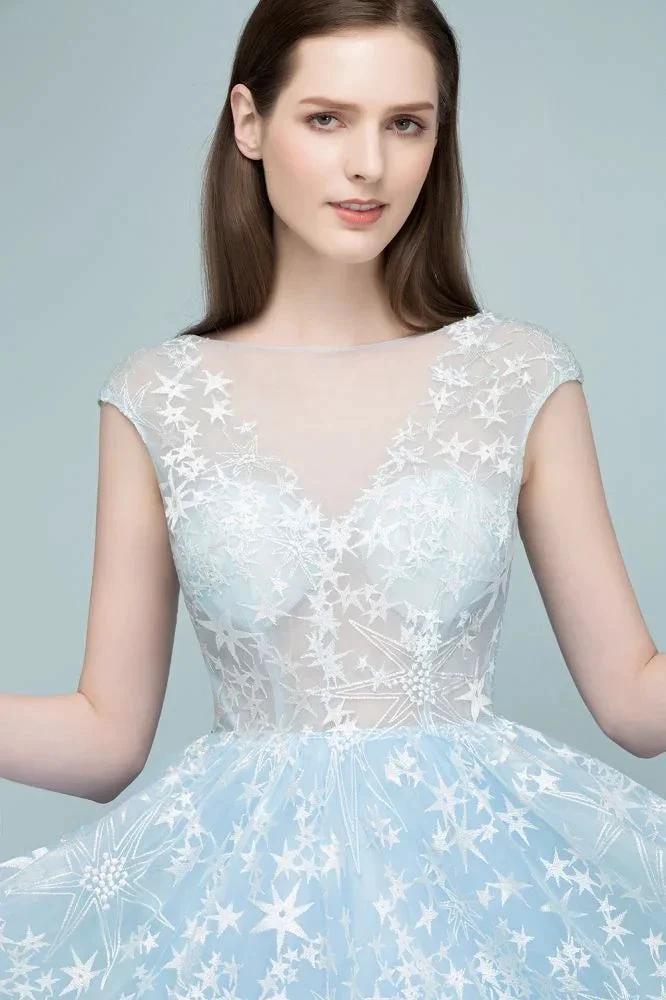 Long Appliqued Tulle A-line Cap Sleeves Prom Dresses - Image 7