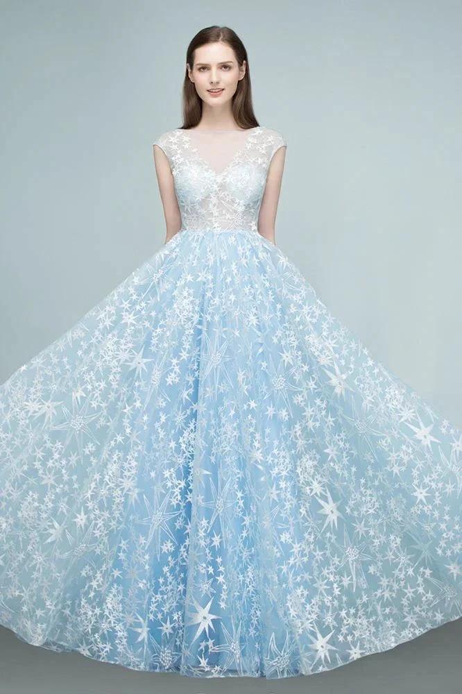 Long Appliqued Tulle A-line Cap Sleeves Prom Dresses - Image 8
