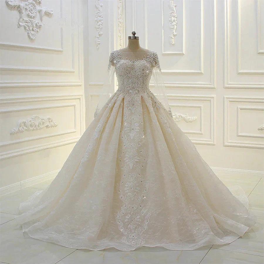 Long Ball Gown Beading Bateau Appliques Lace Wedding Dress with Sleeves - Image 2
