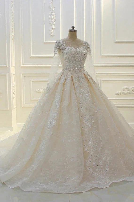 Long Ball Gown Beading Bateau Appliques Lace Wedding Dress with Sleeves - Image 3