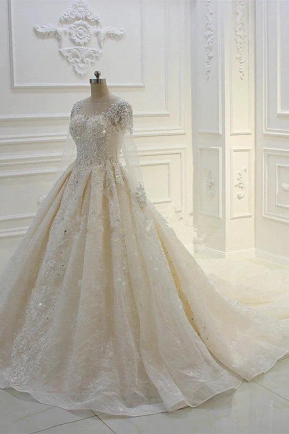 Long Ball Gown Beading Bateau Appliques Lace Wedding Dress with Sleeves - Image 4