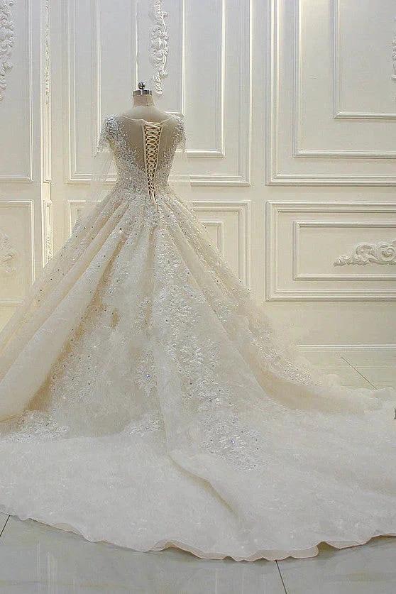 Long Ball Gown Beading Bateau Appliques Lace Wedding Dress with Sleeves - Image 5