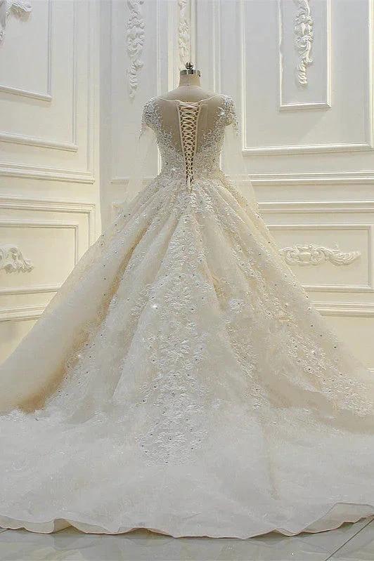 Long Ball Gown Beading Bateau Appliques Lace Wedding Dress with Sleeves - Image 6
