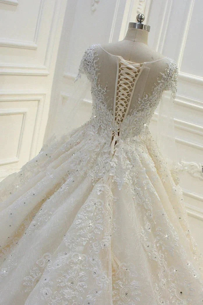 Long Ball Gown Beading Bateau Appliques Lace Wedding Dress with Sleeves - Image 7