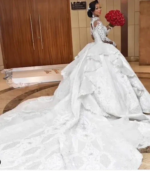 Long Ball Gown High Neck Sparkle Applique Satin Wedding Dress with Sleeves - Image 2