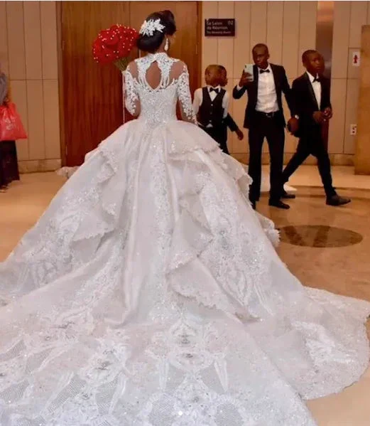 Long Ball Gown High Neck Sparkle Applique Satin Wedding Dress with Sleeves - Image 3
