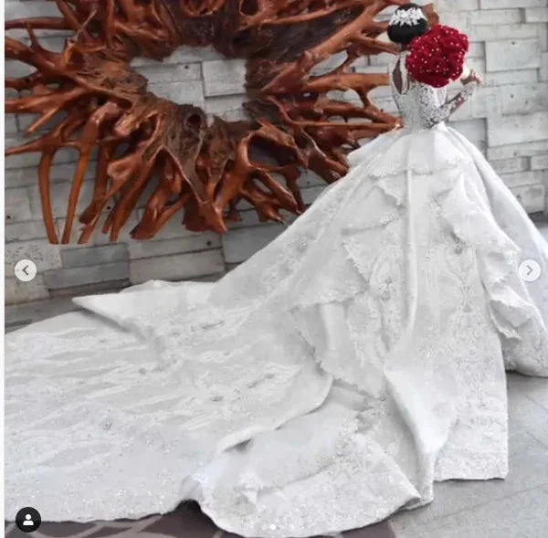 Long Ball Gown High Neck Sparkle Applique Satin Wedding Dress with Sleeves - Image 4