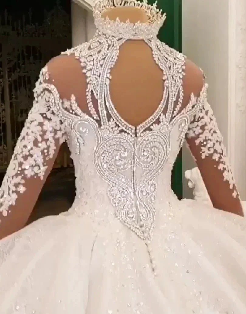 Long Ball Gown High Neck Sparkle Applique Satin Wedding Dress with Sleeves - Image 5