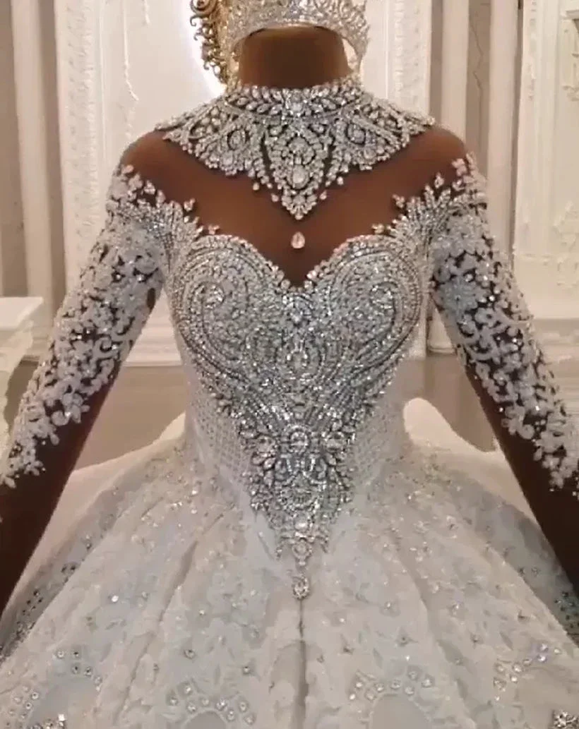 Long Ball Gown High Neck Sparkle Applique Satin Wedding Dress with Sleeves - Image 7
