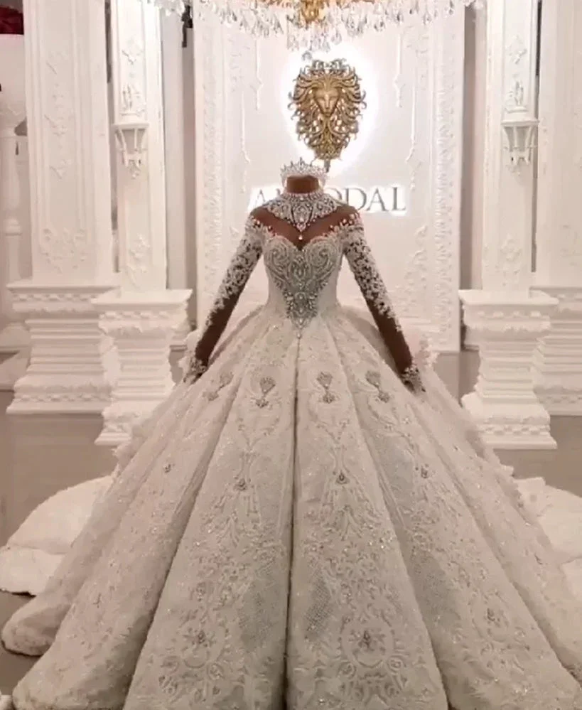Long Ball Gown High Neck Sparkle Applique Satin Wedding Dress with Sleeves - Image 8