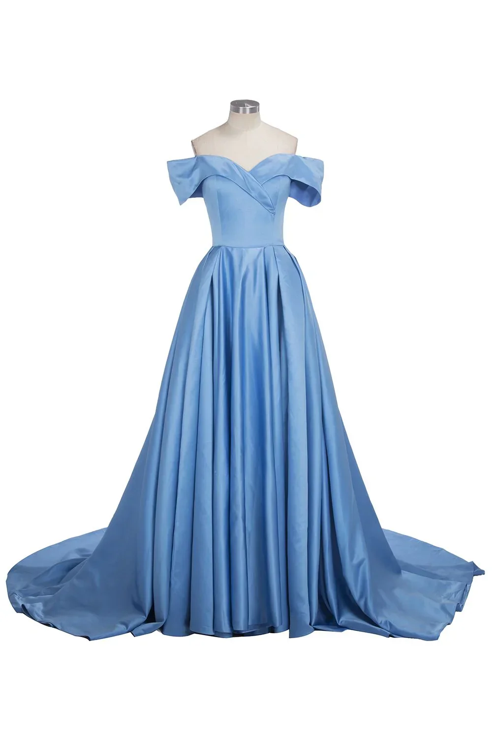 Long Ball Gown Off-shoulder Satin Blue Prom Dresses with Slit - Image 3