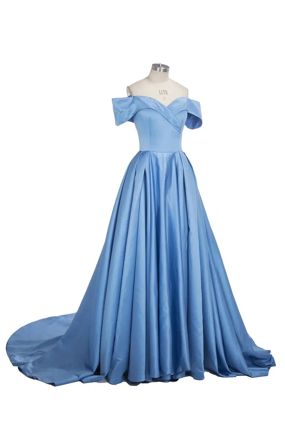 Long Ball Gown Off-shoulder Satin Blue Prom Dresses with Slit - Image 7