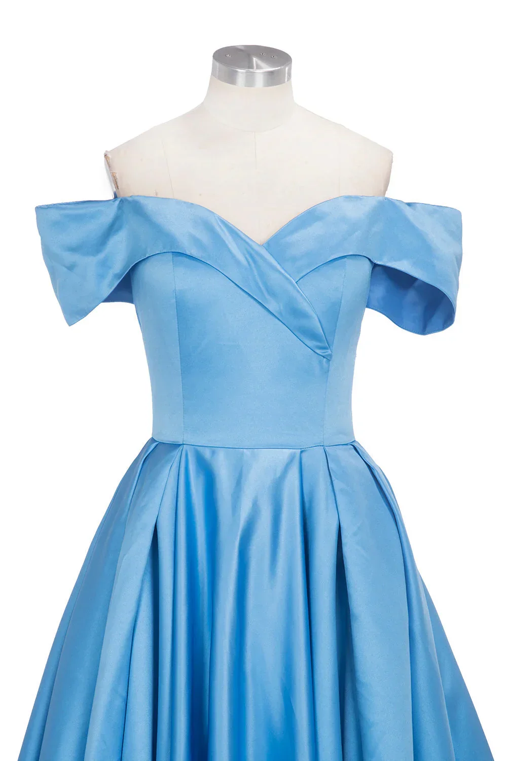 Long Ball Gown Off-shoulder Satin Blue Prom Dresses with Slit - Image 8