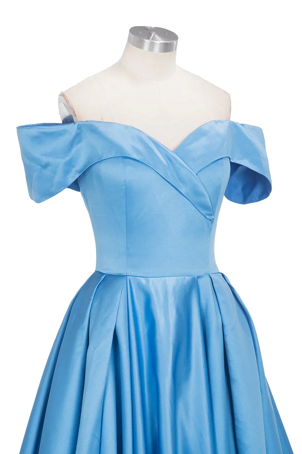 Long Ball Gown Off-shoulder Satin Blue Prom Dresses with Slit - Image 9