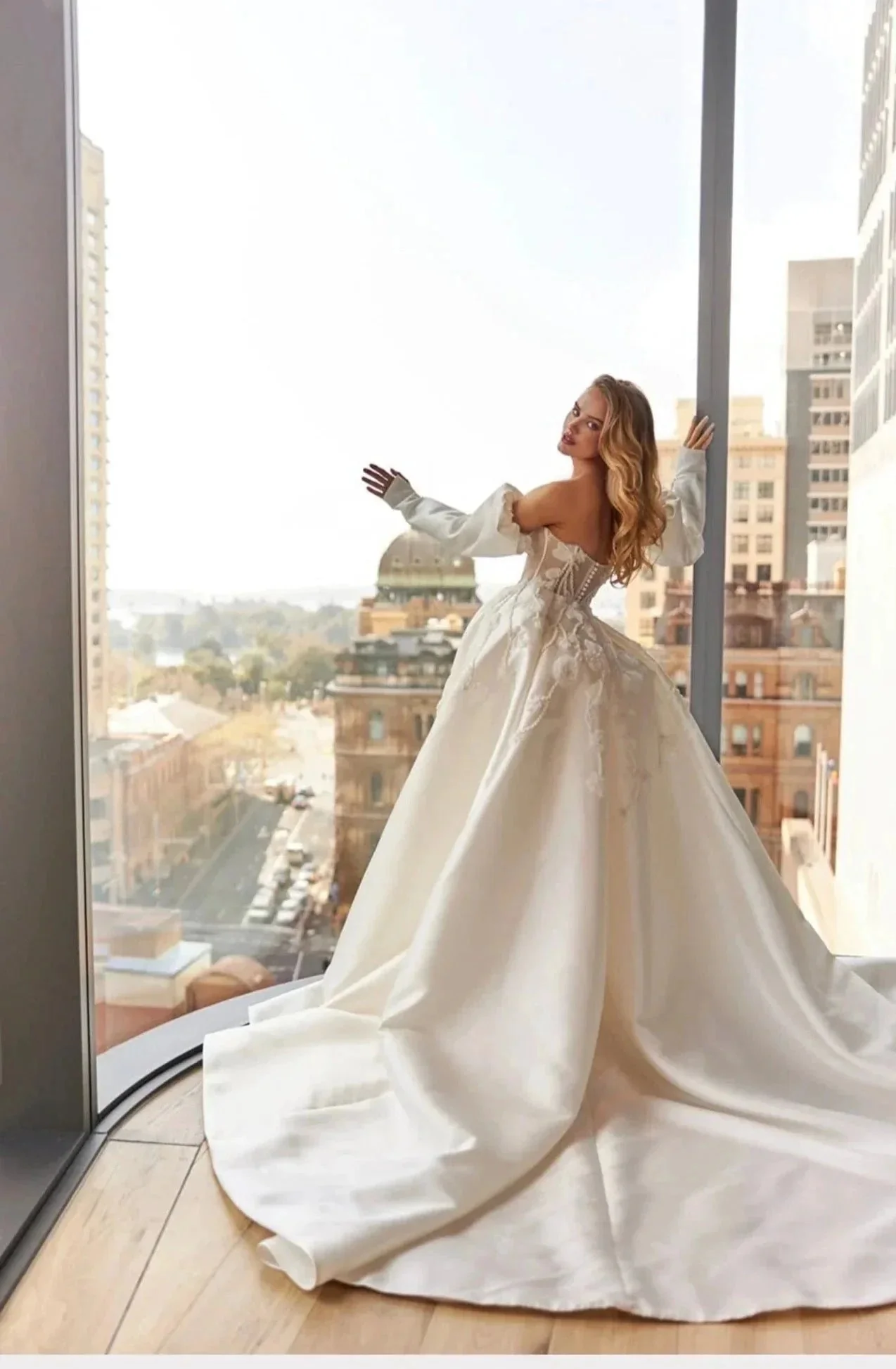 Long Ball Gown Off the Shoulder Sequined Applique Lace Wedding Dresses with Slit - Image 3