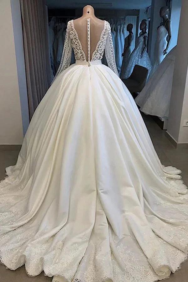 Long Ball Gown Satin V-neck Wedding Dress with Sleeves - Image 2