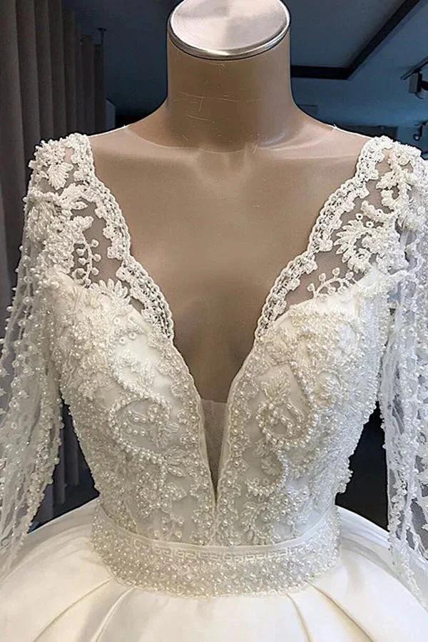 Long Ball Gown Satin V-neck Wedding Dress with Sleeves - Image 3