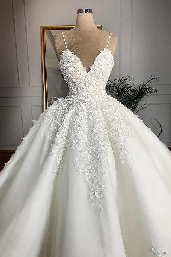 Long Ball Gown Spaghetti Strap Appliques Lace Satin Wedding Dress - Image 2
